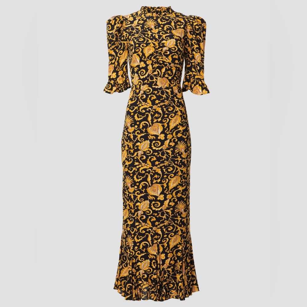 RHODE Felix Dress Black Yellow Gold Patterned Flare Midi - Picture 4 of 14